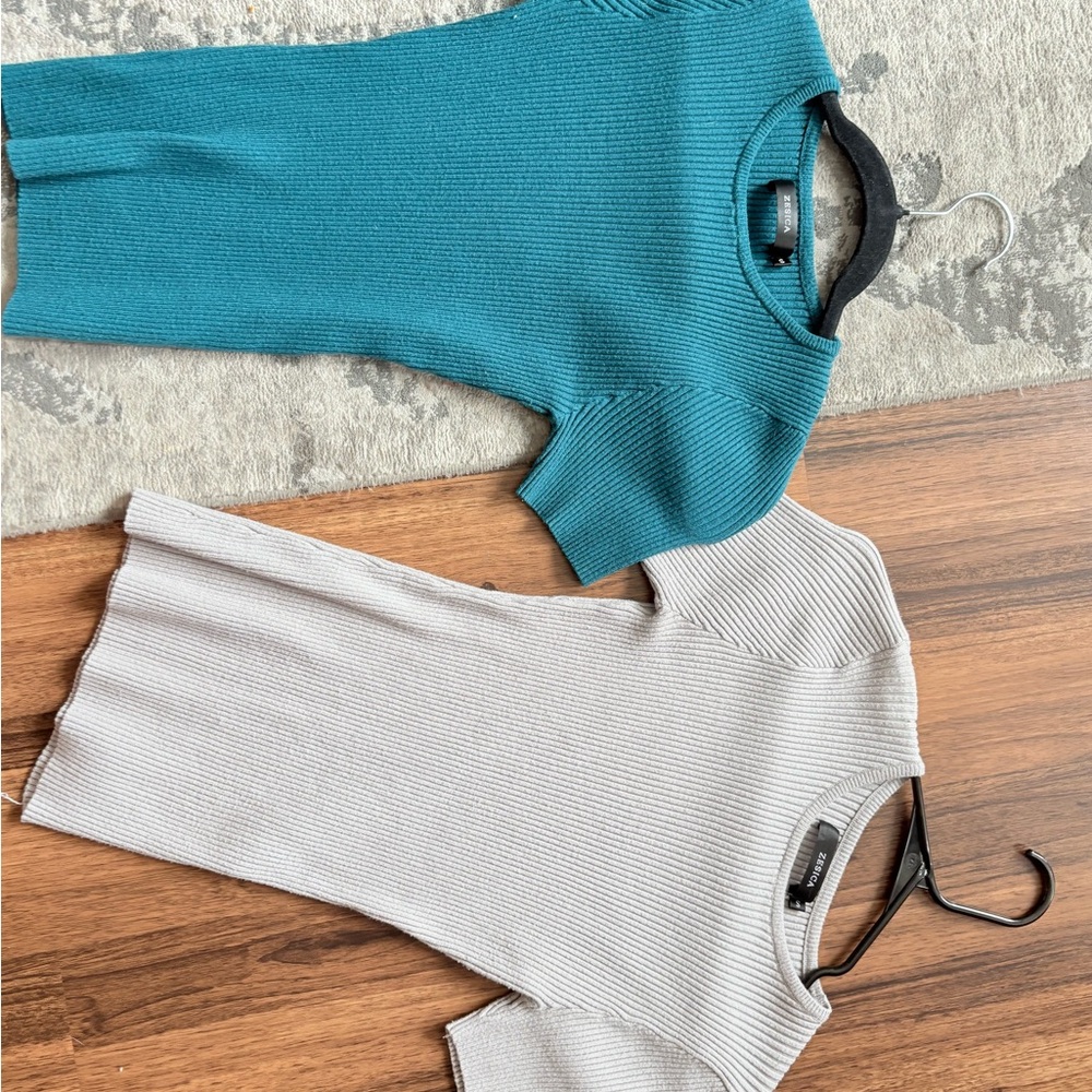 Teal and Gray Ribbed Knit Tops